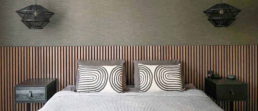 Walnut akupanel bedroom headboard halfway up the wall